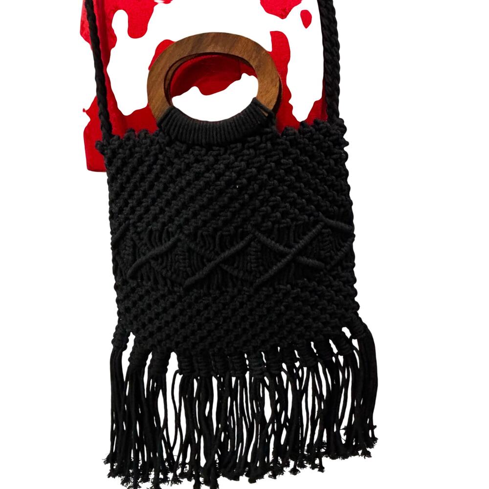 Danielle Nicole Black Macrame Crossbody Bag Fring… - image 2